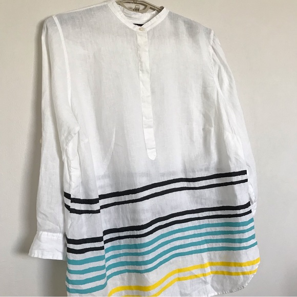 Lauren Ralph Lauren Striped Linen Tunic Top Size 2X White Band Collar Relax Fit - Picture 2 of 15